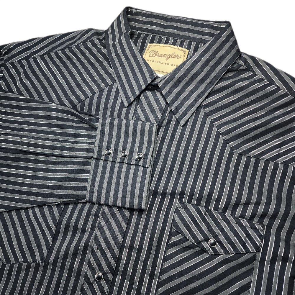 Wrangler Mens XXL Black & Grey Metallic Pearl Snap Western Cowboy Shirt